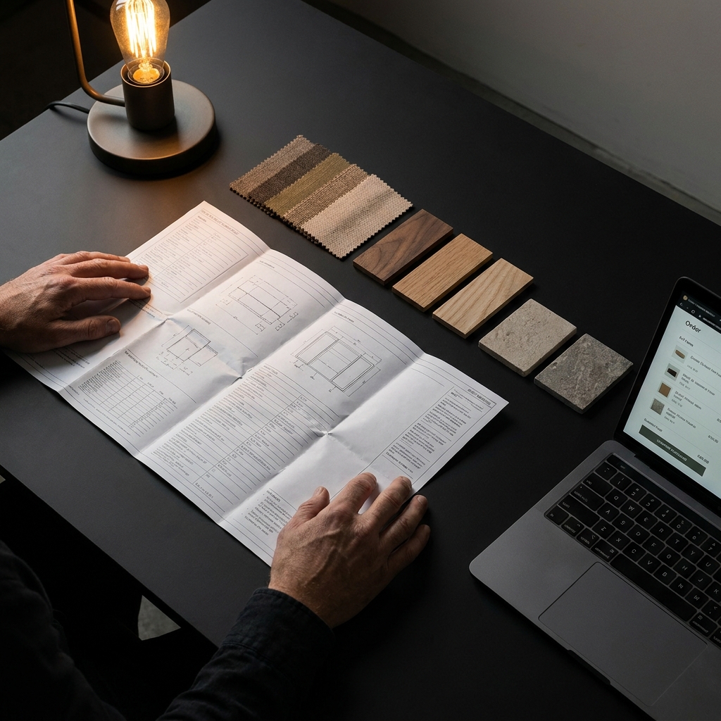 Material samples and trade supply order documentation on a desk