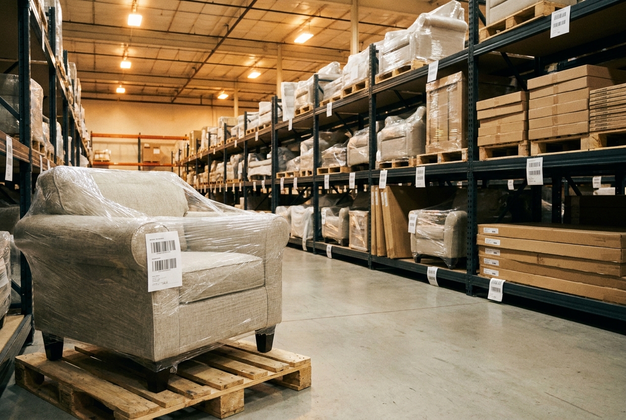 Furniture and project materials stored in an organized warehouse setting